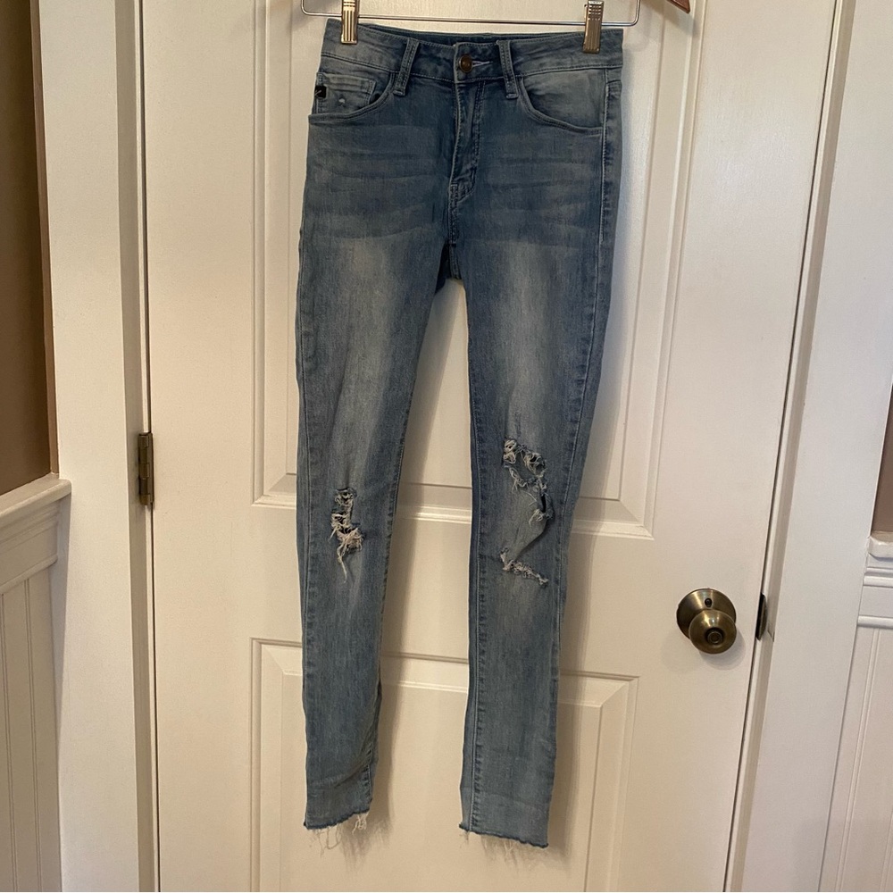KANCAN JEANS BLUE DENIM RIPPED DISTRESSED RAW EDGE SKINNY STRETCH SIZE 1/24